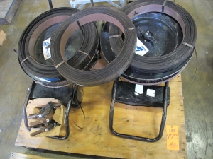 (2) GERARD STRAPPING BANDING MACHINES, (3) ROLLS OF BANDING, (3) BANDING TOOLS, (1 BOX) CLAMPS. LOADING & HANDLING FEE $15-4533